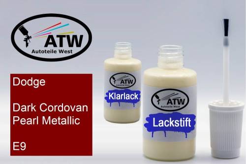 Dodge, Dark Cordovan Pearl Metallic, E9: 20ml Lackstift + 20ml Klarlack - Set, von ATW Autoteile West.